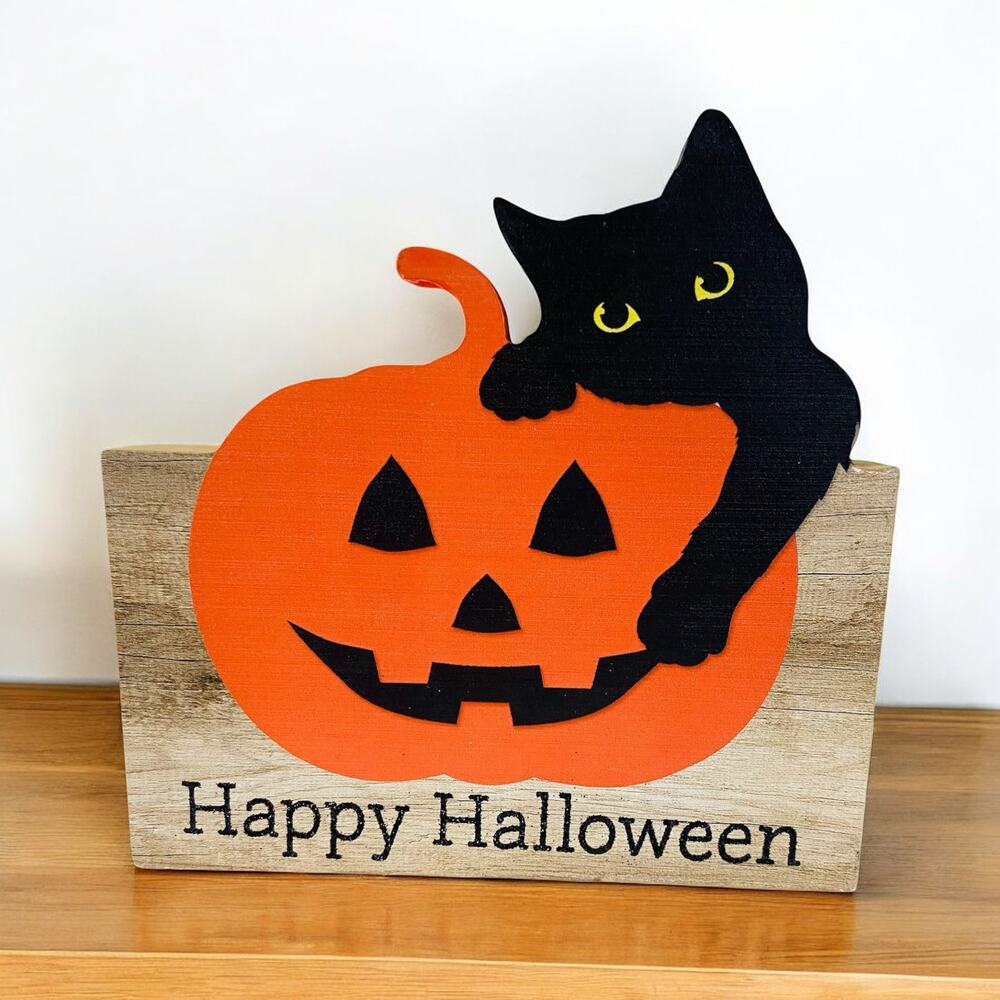 NEW Wooden Happy Halloween Black Cat Kitten Holiday Handcrafted USA Sign